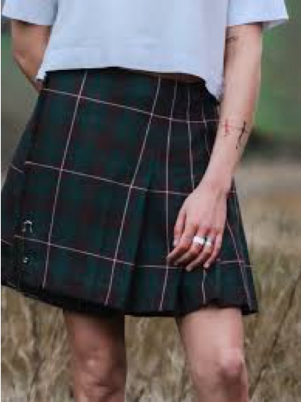 Vintage Scottish wool Dark Green Plaid Pleated Mini Skirt with Pink Windowpane